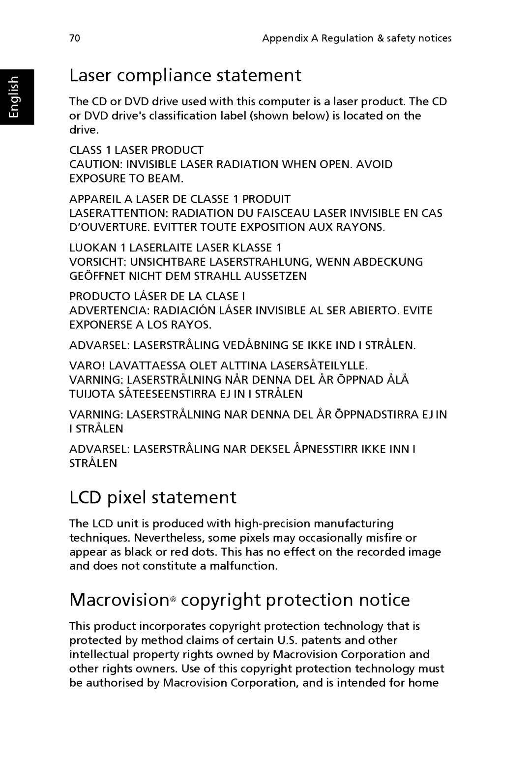 Acer 8100 Series manual Laser compliance statement, LCD pixel statement, Macrovision copyright protection notice 