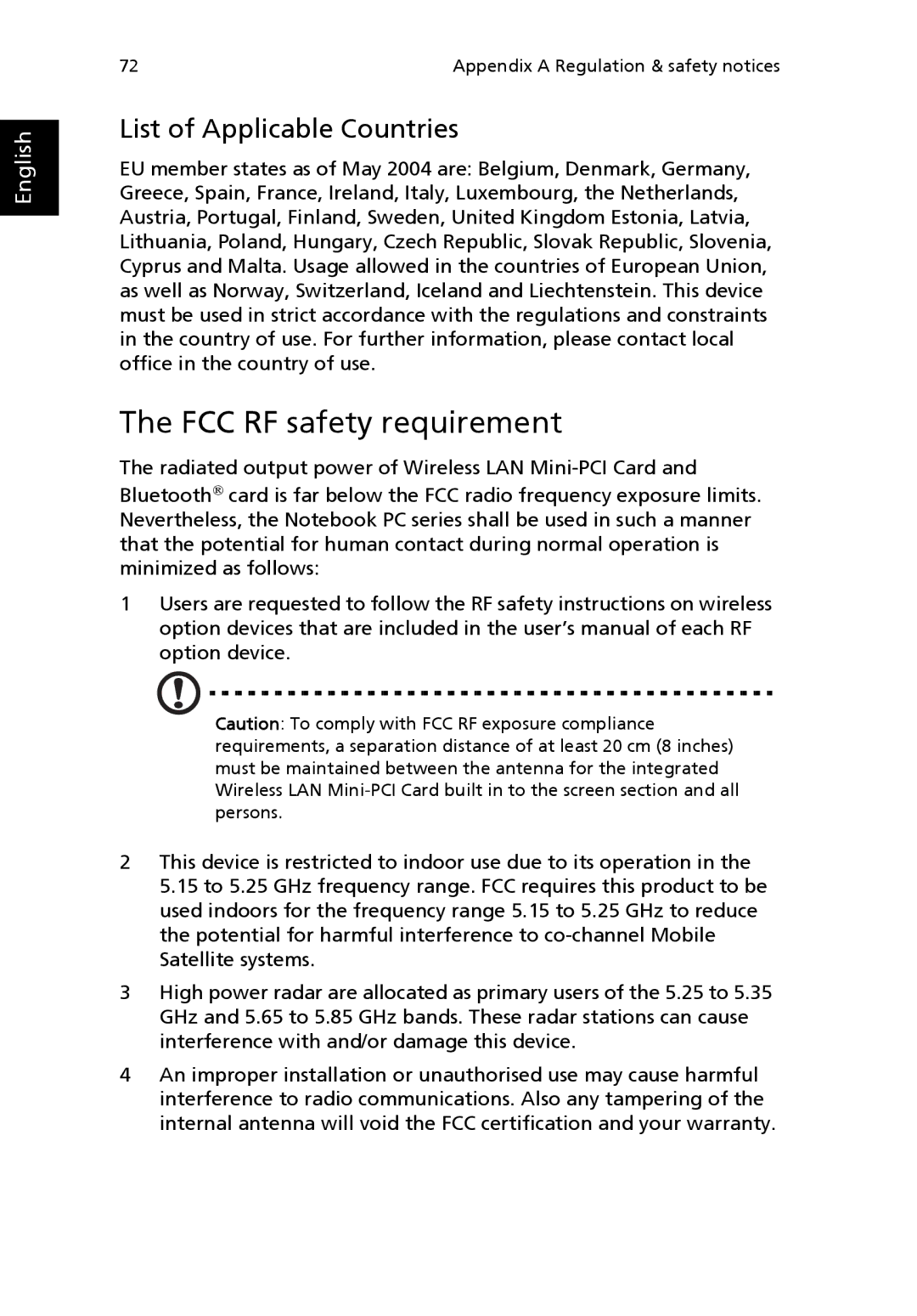 Acer 8100 Series manual FCC RF safety requirement, List of Applicable Countries 