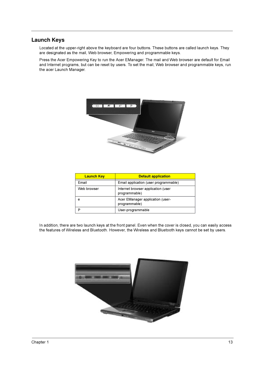 Acer 8100 manual Launch Keys, Launch Key Default application 