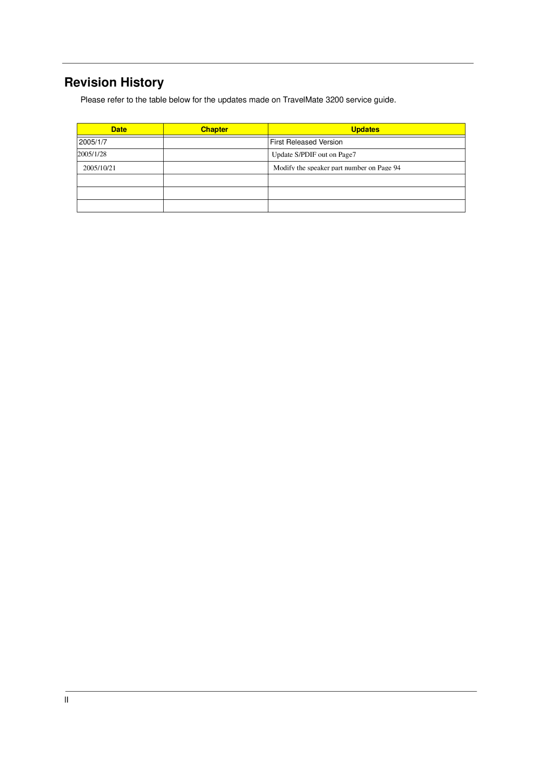 Acer 8100 manual Revision History, Date Chapter Updates 