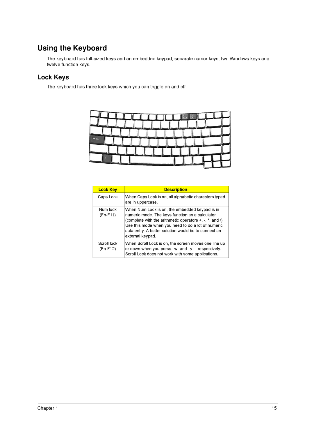 Acer 8100 manual Using the Keyboard, Lock Keys, Lock Key Description 