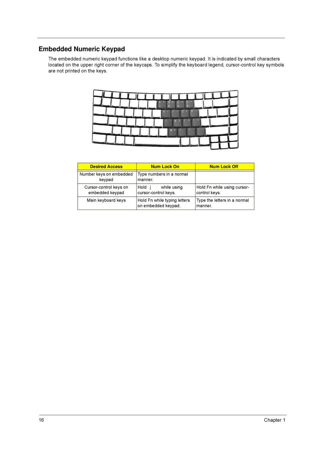 Acer 8100 manual Embedded Numeric Keypad, Desired Access Num Lock On Num Lock Off 