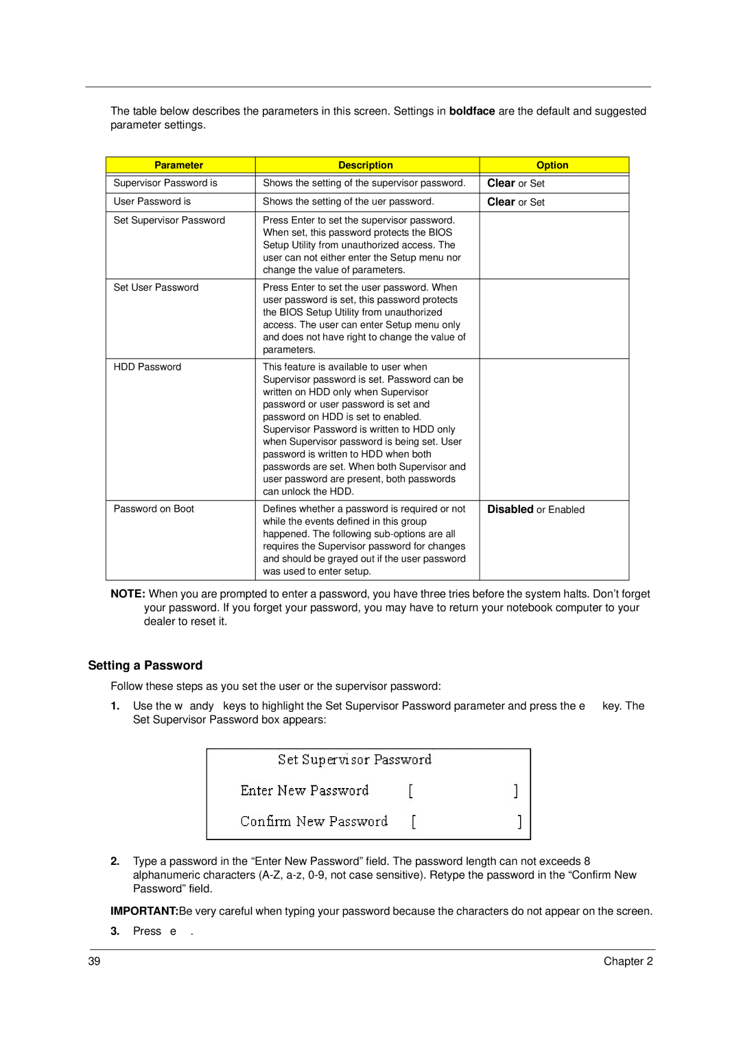 Acer 8100 manual Clear or Set, Parameter Description Option 