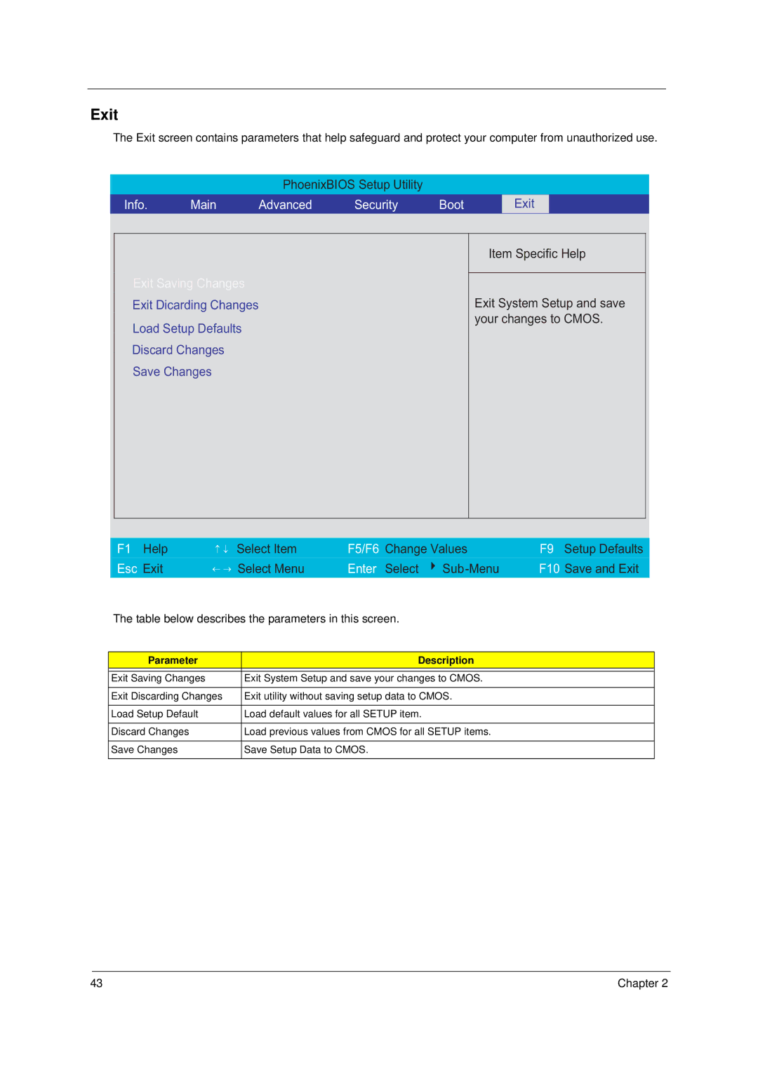 Acer 8100 manual Exit, Info Main Advanced Security Boot 