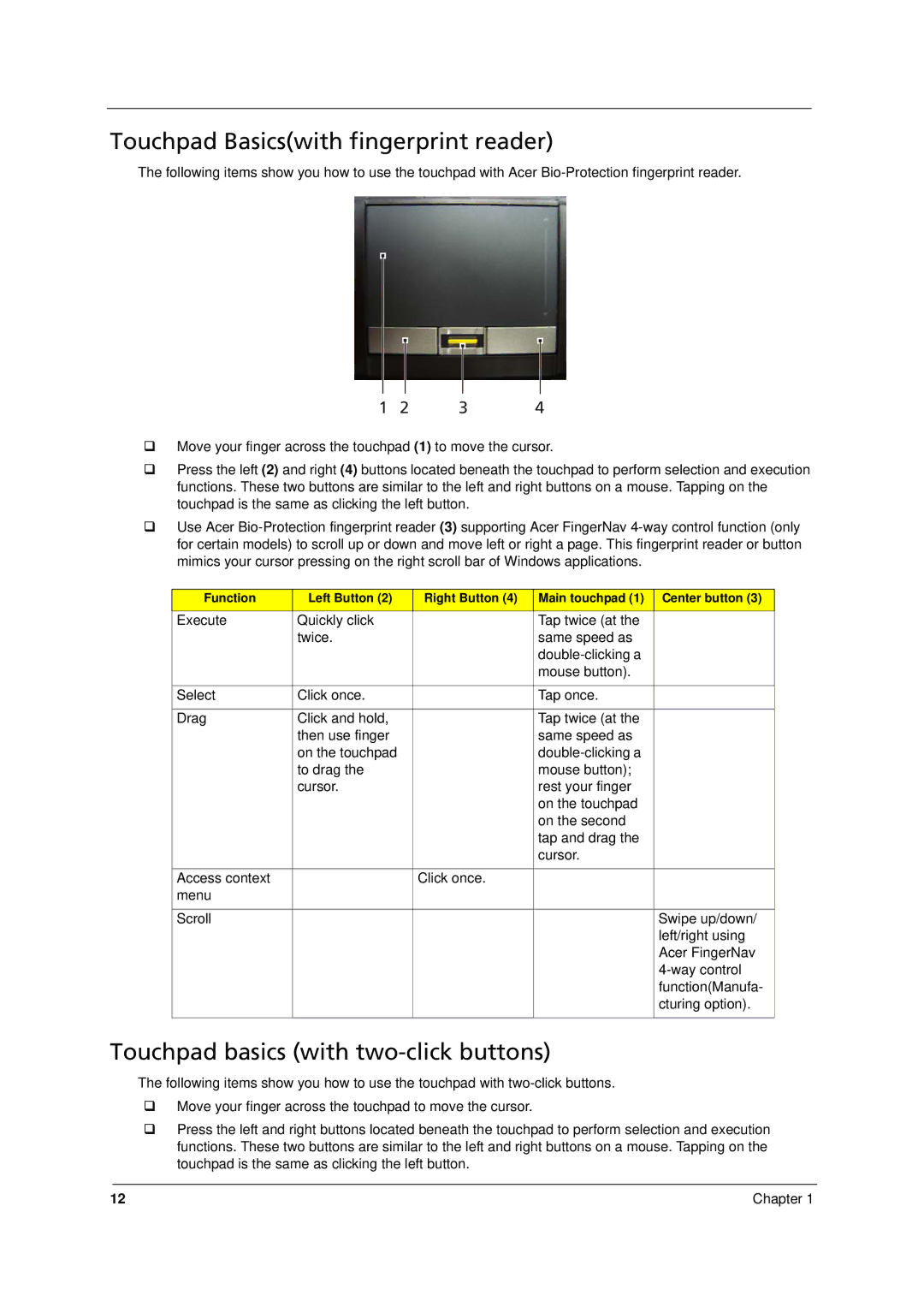 Acer 8331, 8371 manual Touchpad Basicswith fingerprint reader, Touchpad basics with two-click buttons 