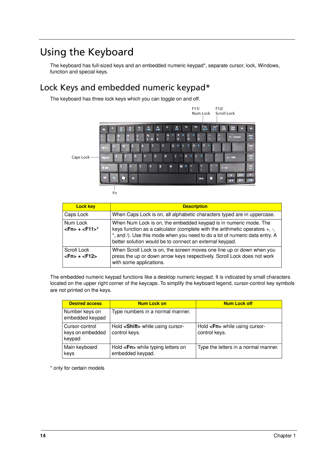 Acer 8331, 8371 manual Using the Keyboard, Lock Keys and embedded numeric keypad 