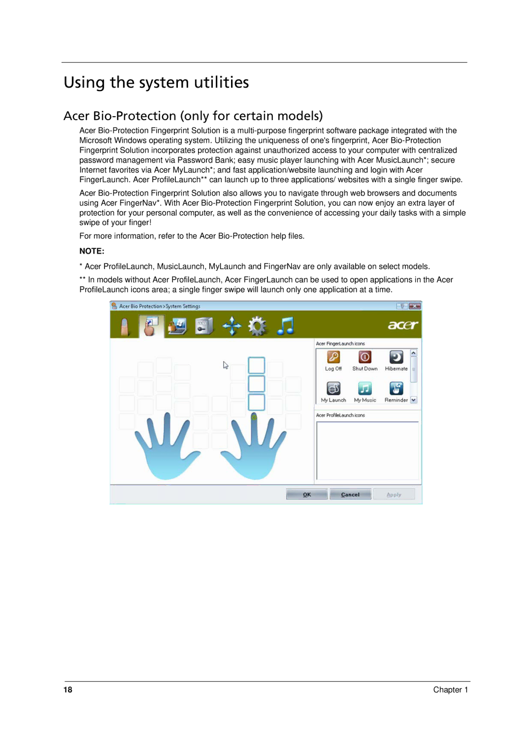 Acer 8331, 8371 manual Using the system utilities, Acer Bio-Protection only for certain models 