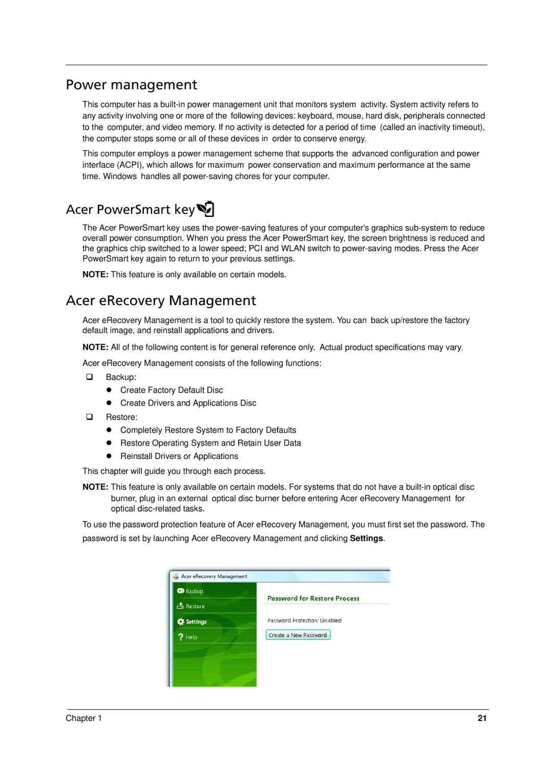 Acer 8371, 8331 manual Power management, Acer eRecovery Management 