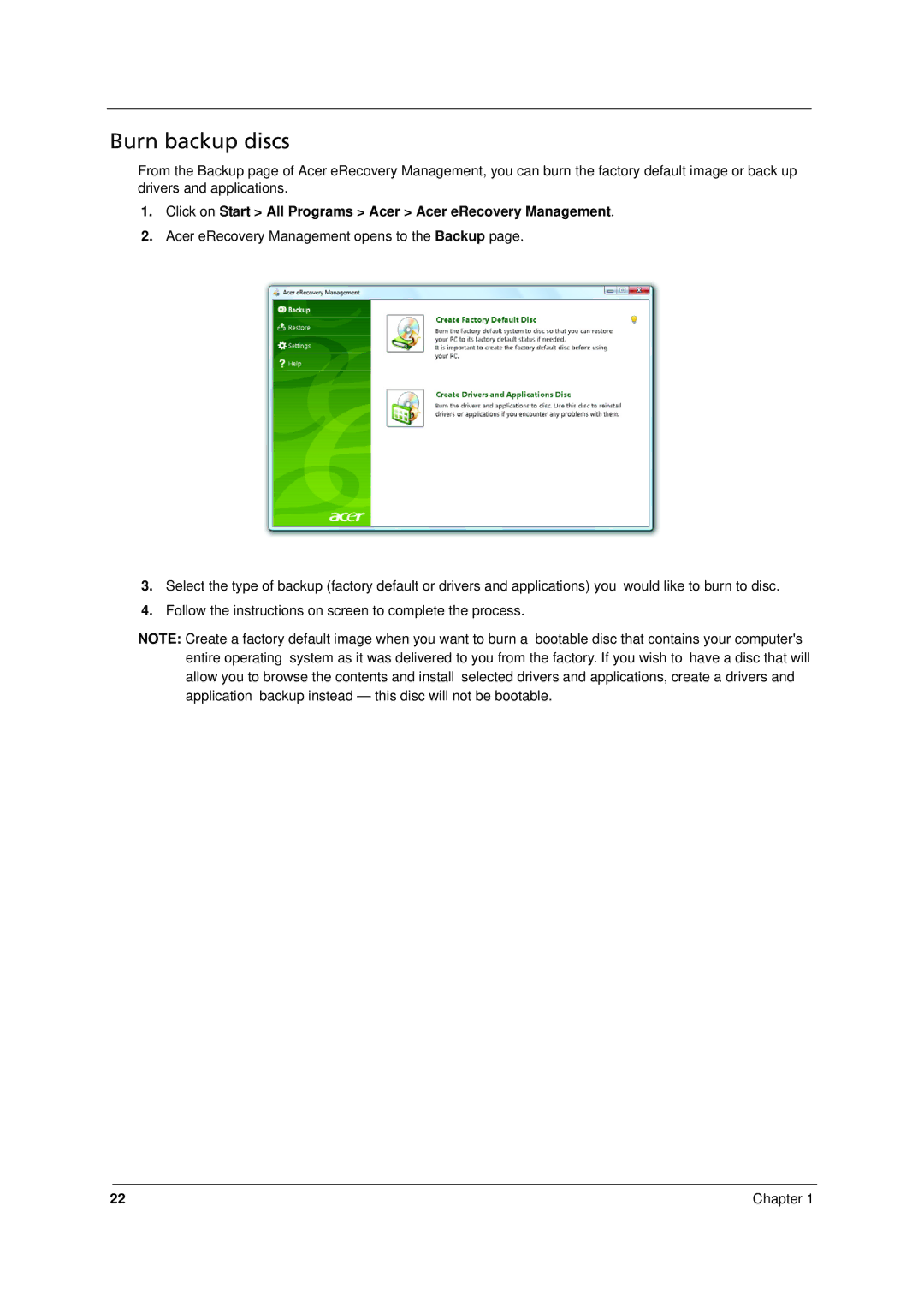 Acer 8331, 8371 manual Burn backup discs 