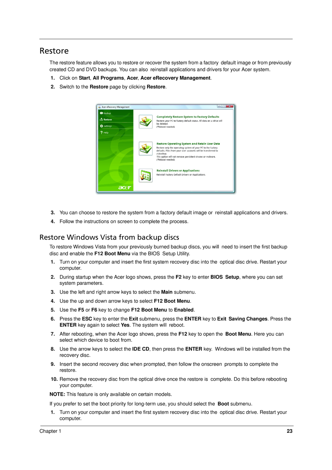 Acer 8371, 8331 manual Restore Windows Vista from backup discs 