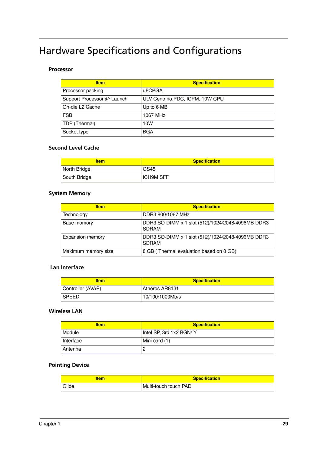 Acer 8371, 8331 manual Hardware Specifications and Configurations 