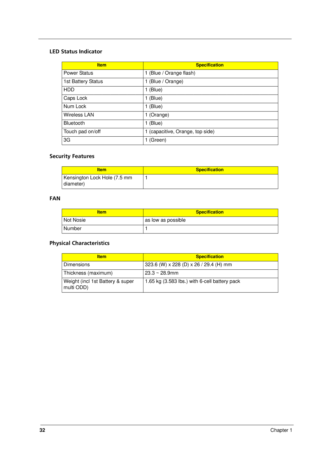 Acer 8331, 8371 manual LED Status Indicator, Security Features, Physical Characteristics 