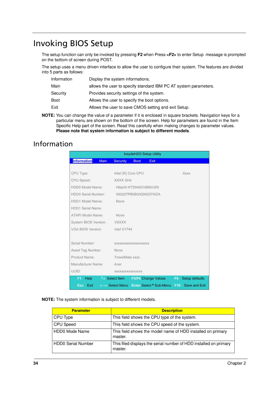 Acer 8331, 8371 manual Invoking Bios Setup, Information 