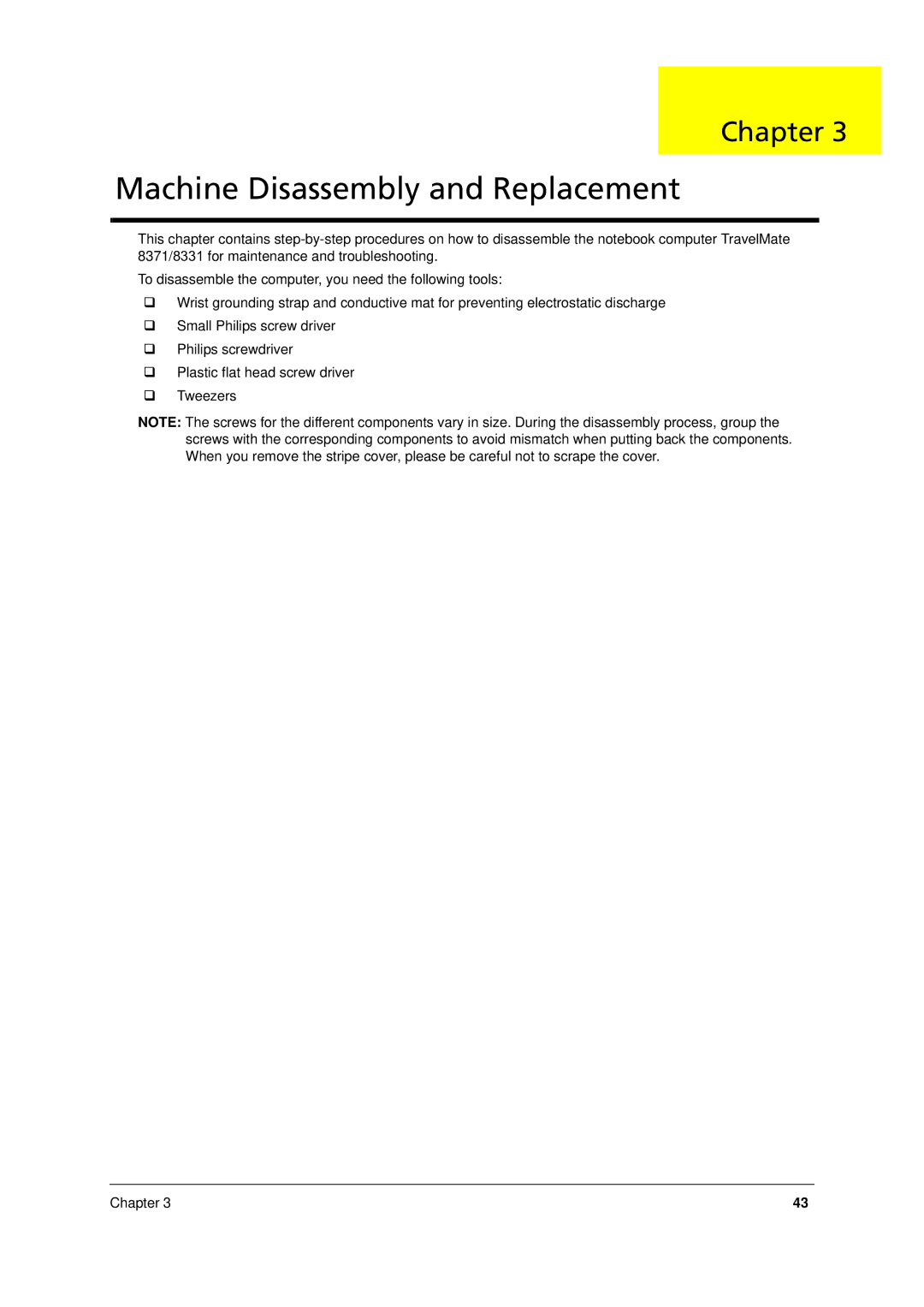 Acer 8371, 8331 manual Machine Disassembly and Replacement 