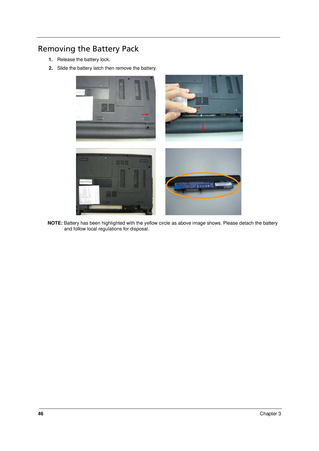 Acer 8331, 8371 manual Removing the Battery Pack 