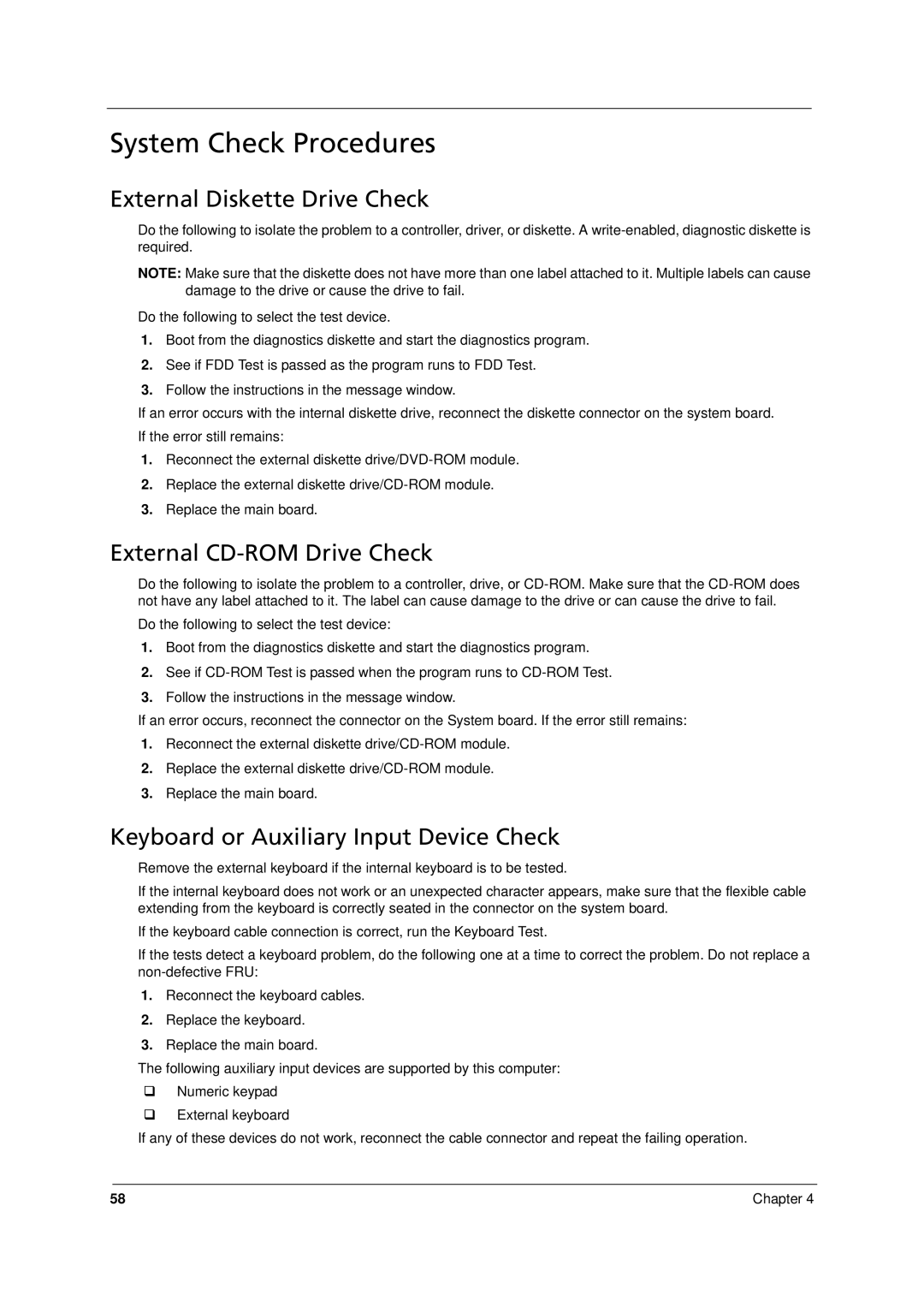 Acer 8331, 8371 manual System Check Procedures, External Diskette Drive Check, External CD-ROM Drive Check 