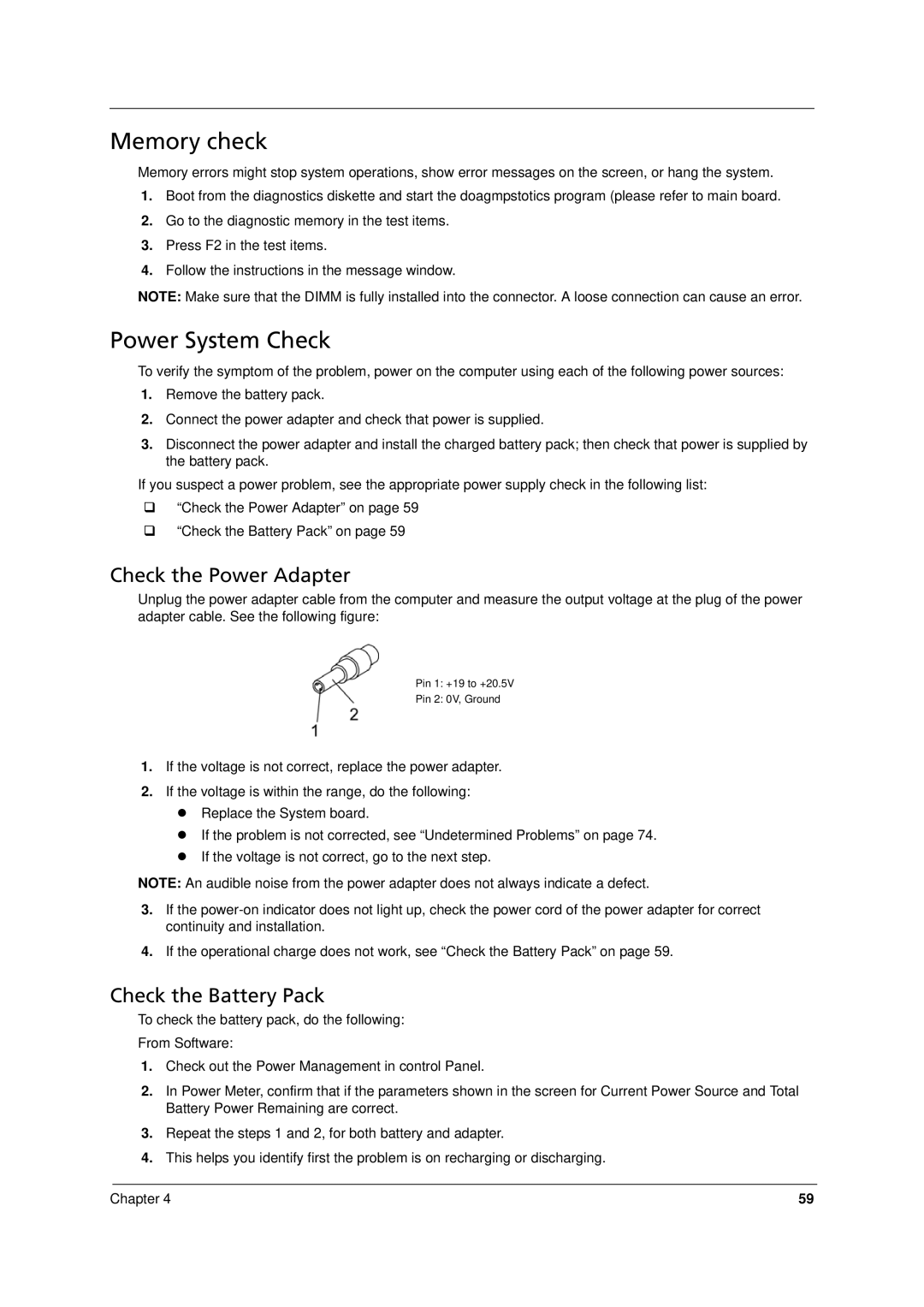 Acer 8371, 8331 manual Memory check, Power System Check, Check the Power Adapter, Check the Battery Pack 