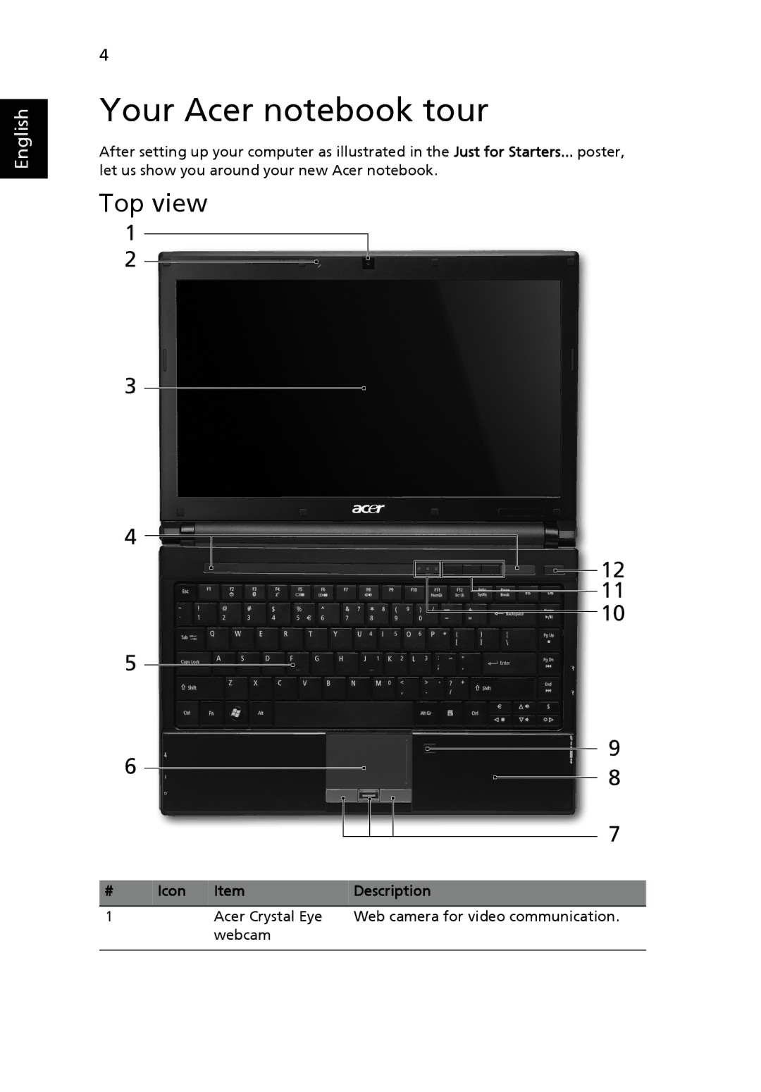 Acer 8331 Series, 8371 Series manual Your Acer notebook tour, Top view 