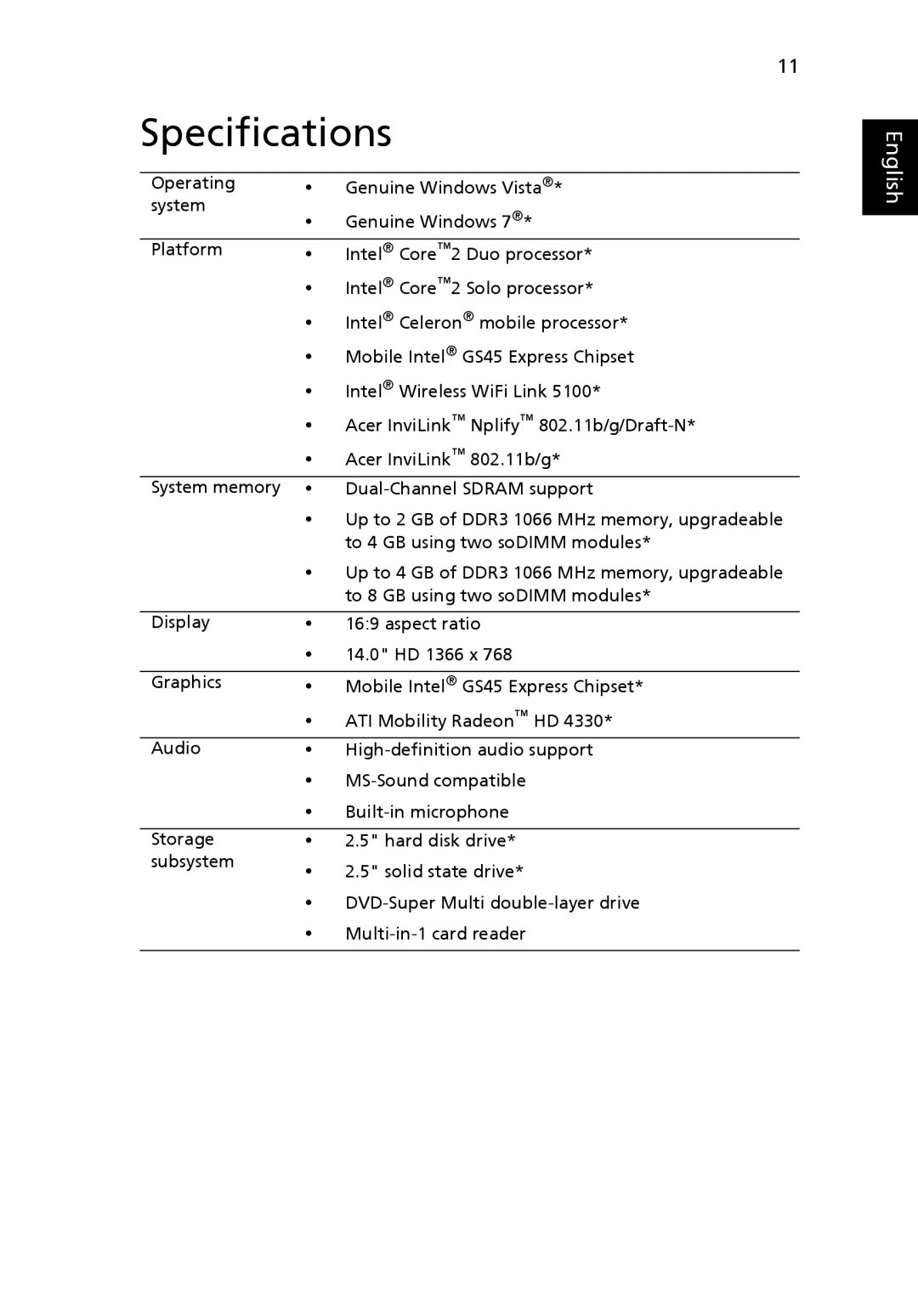 Acer 8471 Series, 8431 Series manual Specifications 