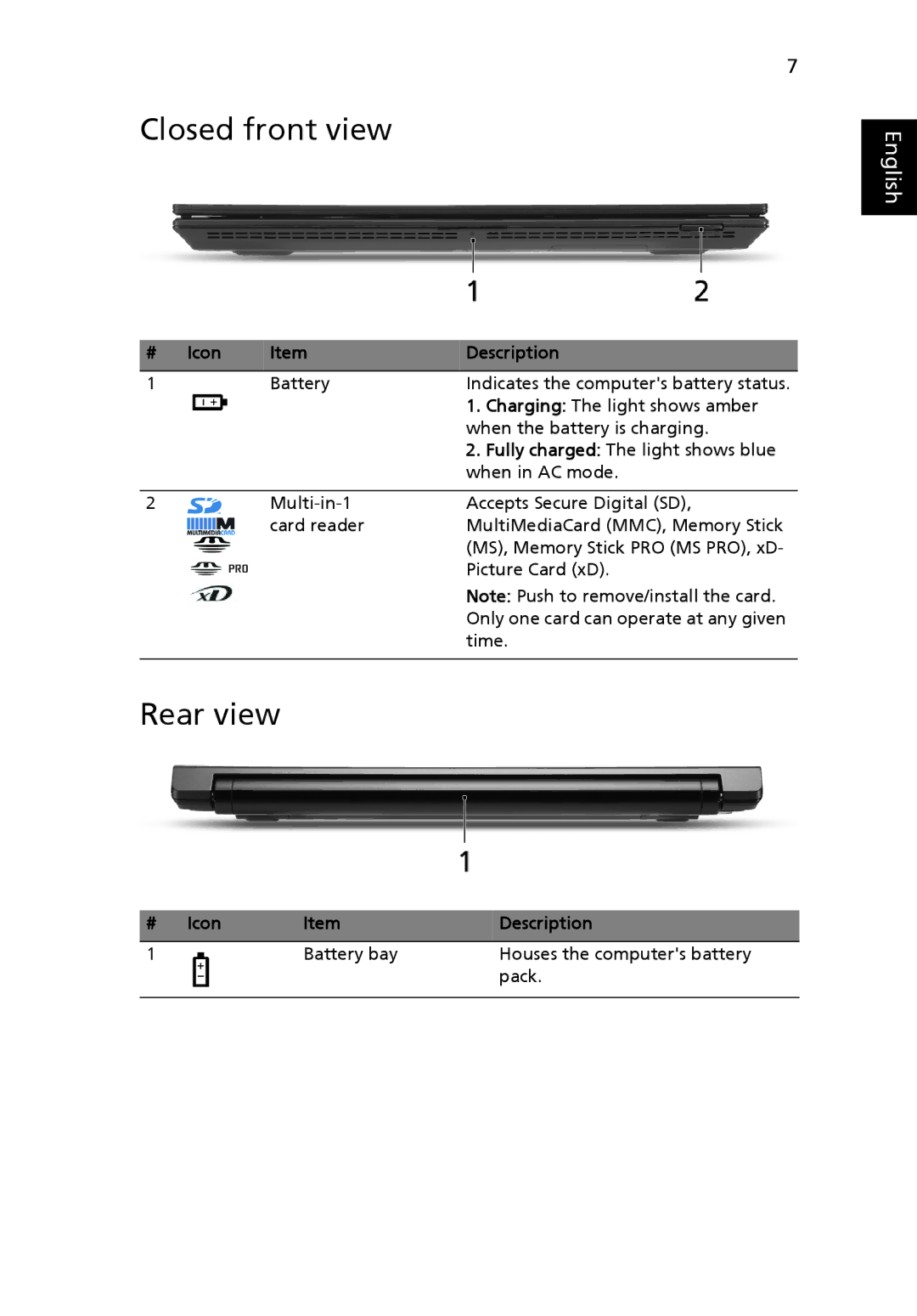 Acer 8471 Series, 8431 Series manual Closed front view, Rear view, # Icon Description 