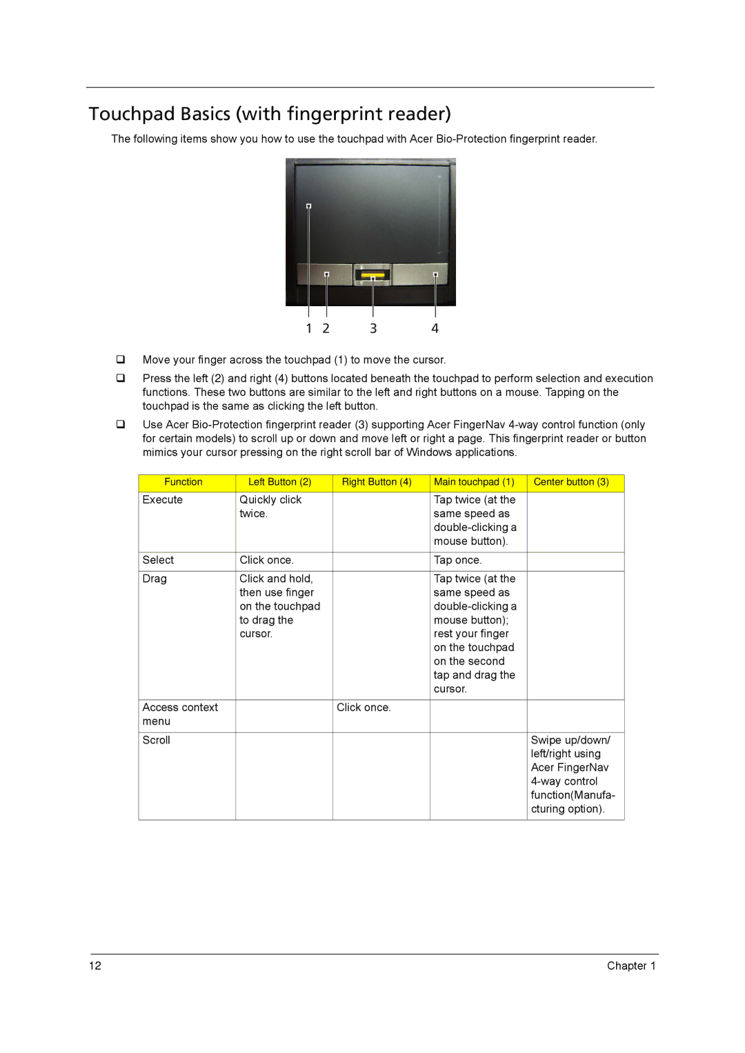 Acer 8431 manual Touchpad Basics with fingerprint reader 