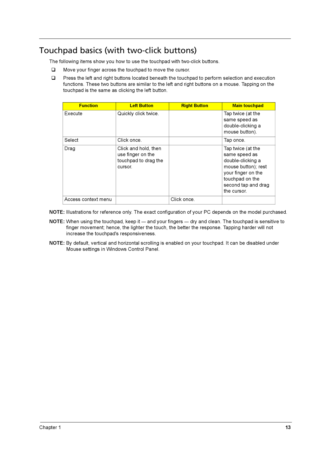 Acer 8431 manual Touchpad basics with two-click buttons 