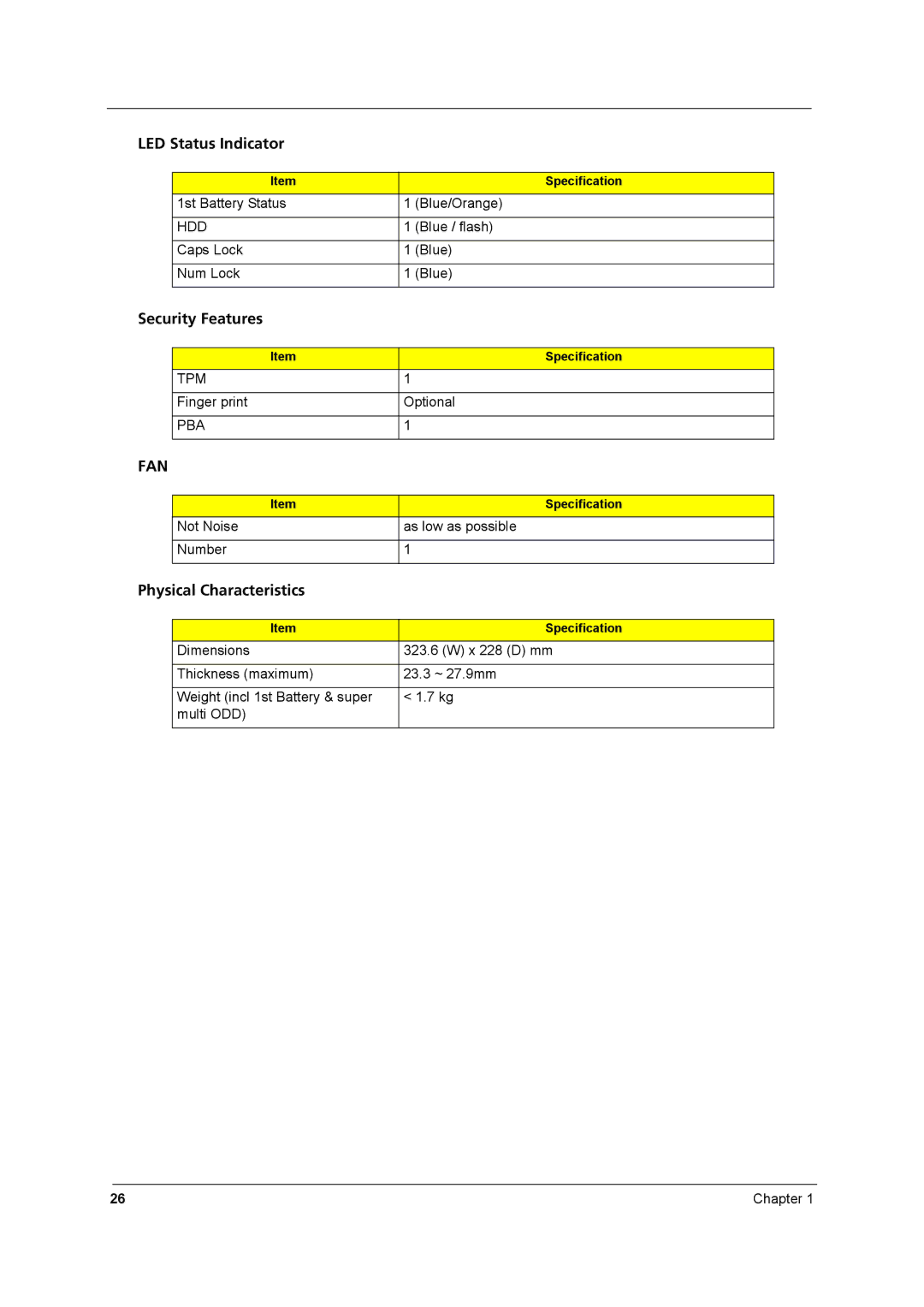 Acer 8431 manual LED Status Indicator, Security Features, Physical Characteristics 