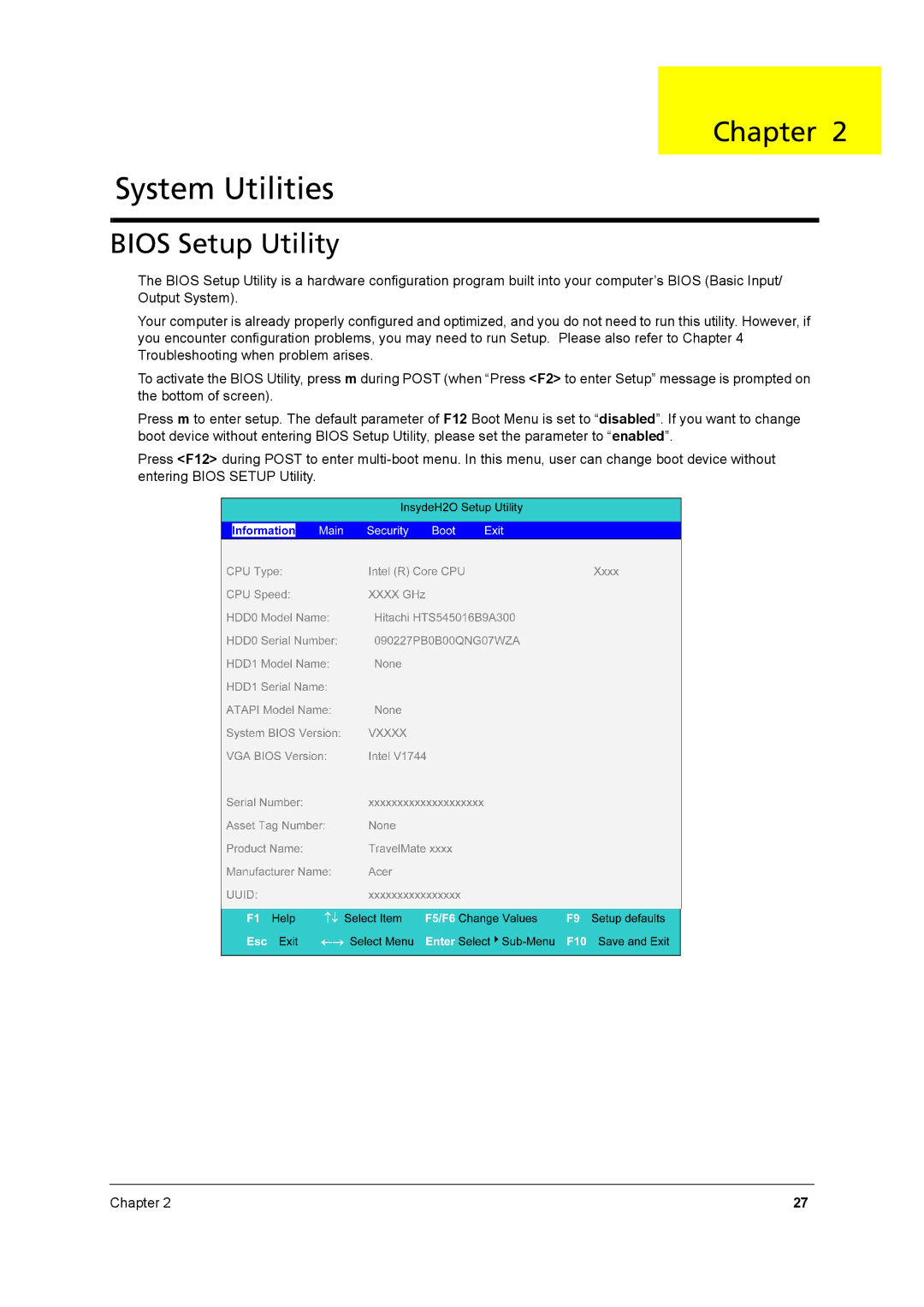 Acer 8431 manual System Utilities, Bios Setup Utility 