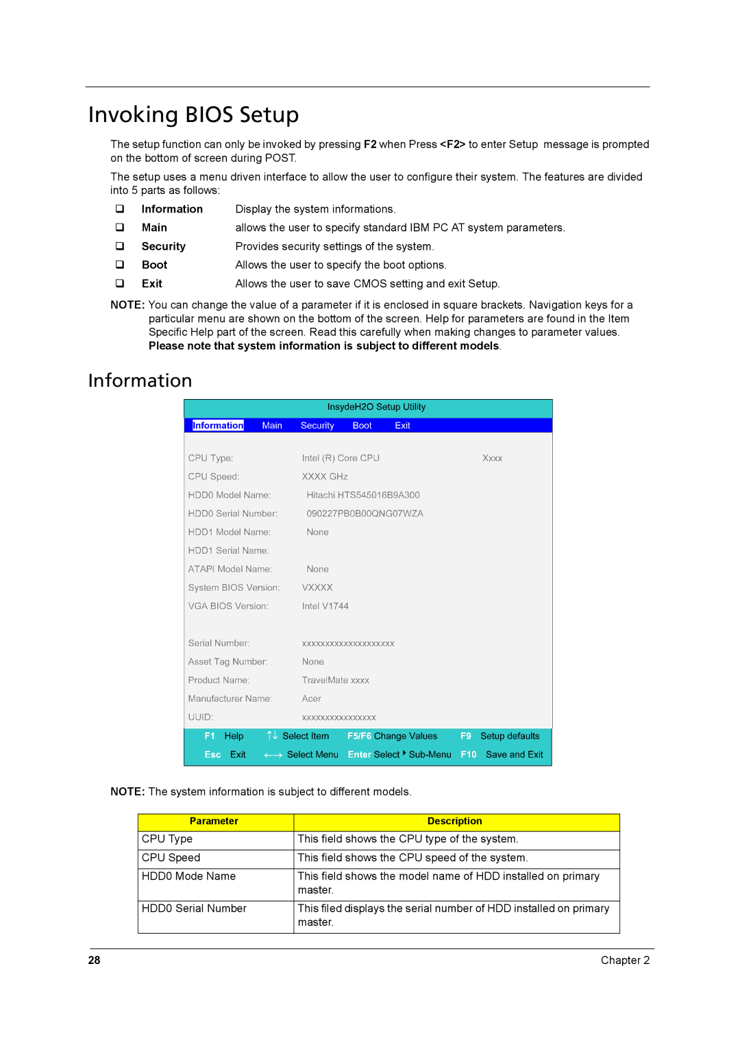 Acer 8431 manual Invoking Bios Setup, Information 