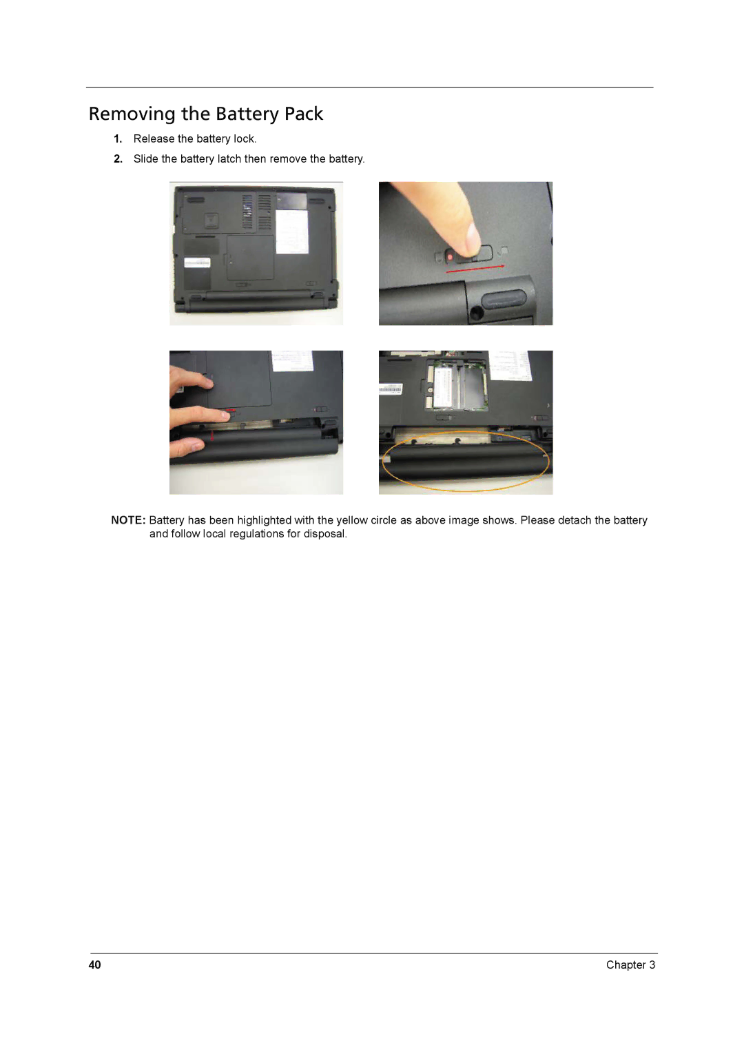 Acer 8431 manual Removing the Battery Pack 