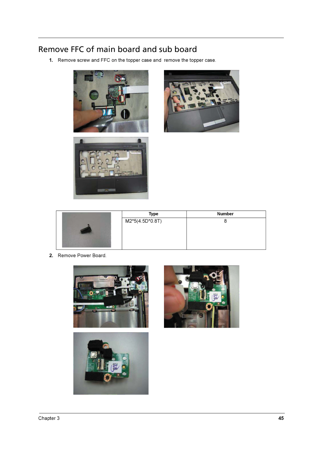 Acer 8431 manual Remove FFC of main board and sub board 