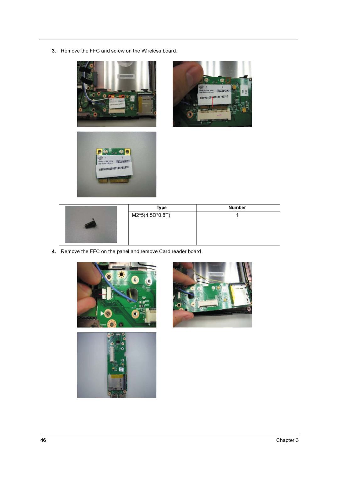 Acer 8431 manual Remove the FFC and screw on the Wireless board 