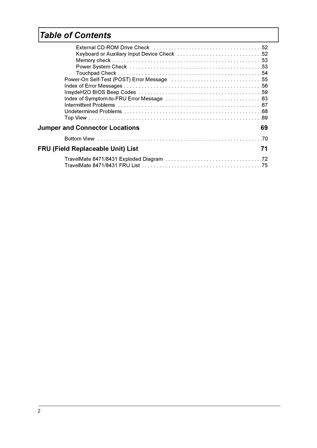 Acer 8431 manual Jumper and Connector Locations 