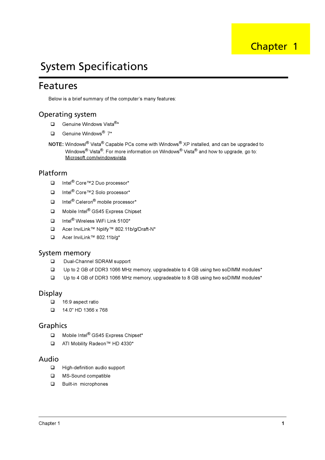 Acer 8431 manual Chapter, Features 