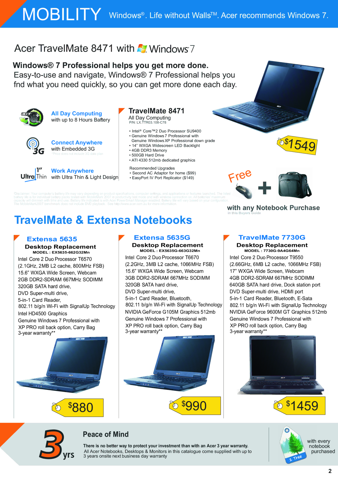 Acer manual $1549, $880 $990 $1459, TravelMate & Extensa Notebooks, Acer TravelMate 8471 with, Peace of Mind 