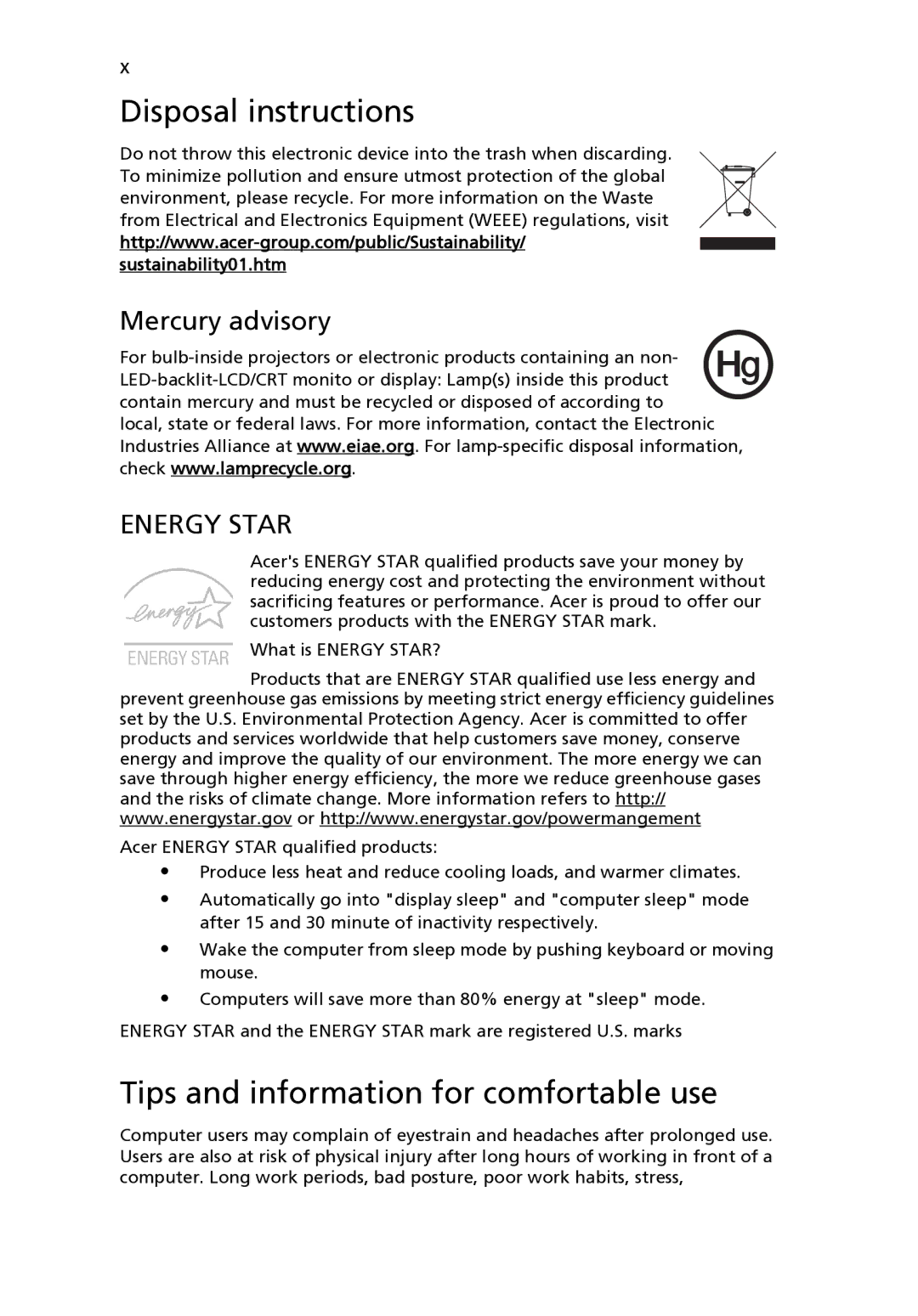 Acer 8471G manual Disposal instructions, Tips and information for comfortable use, Mercury advisory 