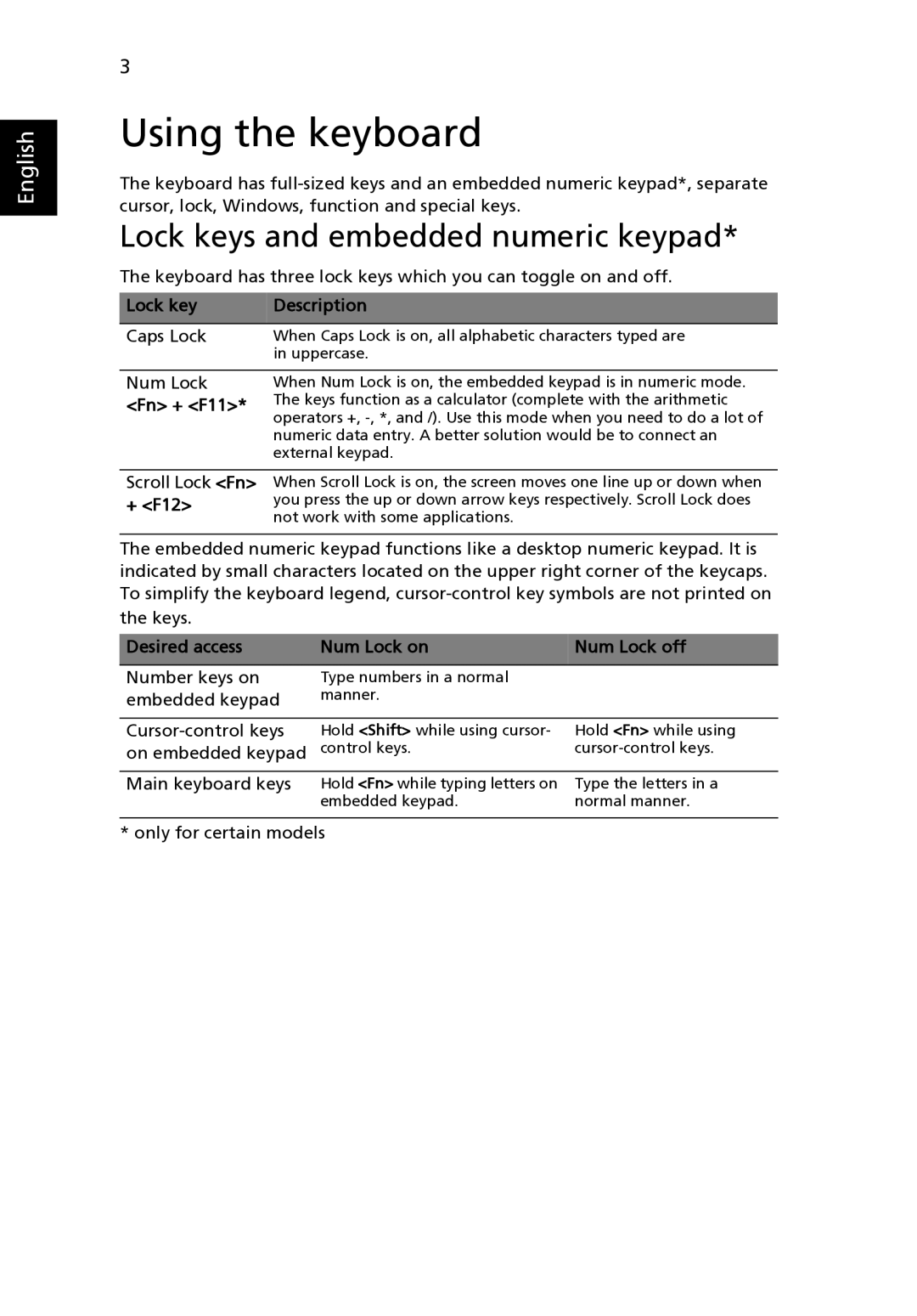 Acer 8471G manual Using the keyboard, Lock keys and embedded numeric keypad, Lock key Description, Fn + F11 