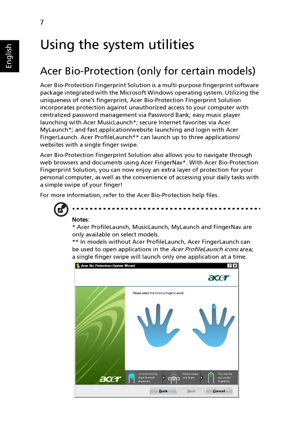 Acer 8471G manual Using the system utilities, Acer Bio-Protection only for certain models 