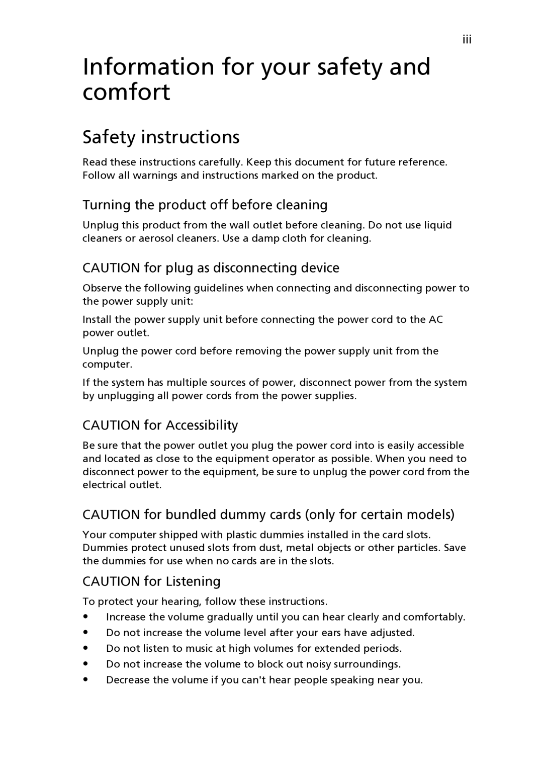 Acer 8471G manual Information for your safety and comfort, Safety instructions, Turning the product off before cleaning 