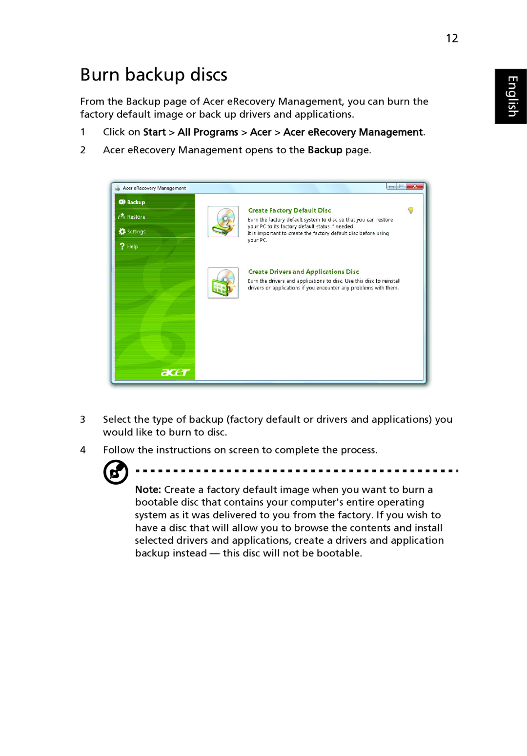 Acer 8471G manual Burn backup discs, Click on Start All Programs Acer Acer eRecovery Management 