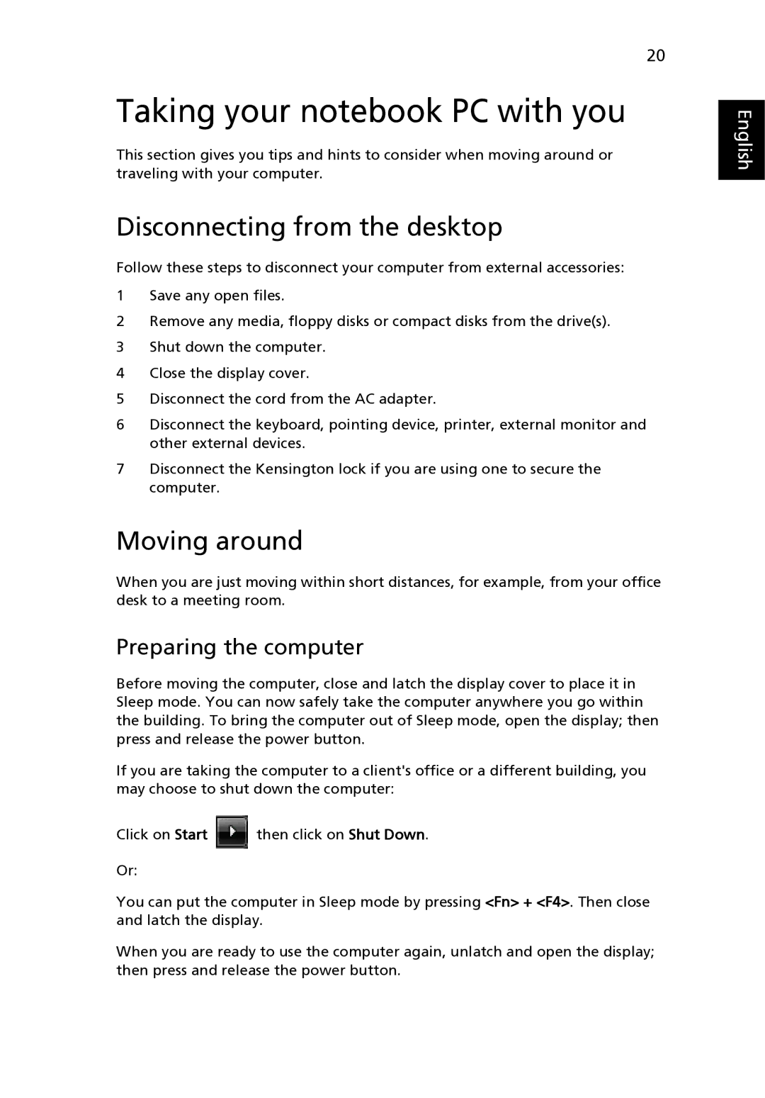 Acer 8471G manual Taking your notebook PC with you, Disconnecting from the desktop, Moving around, Preparing the computer 