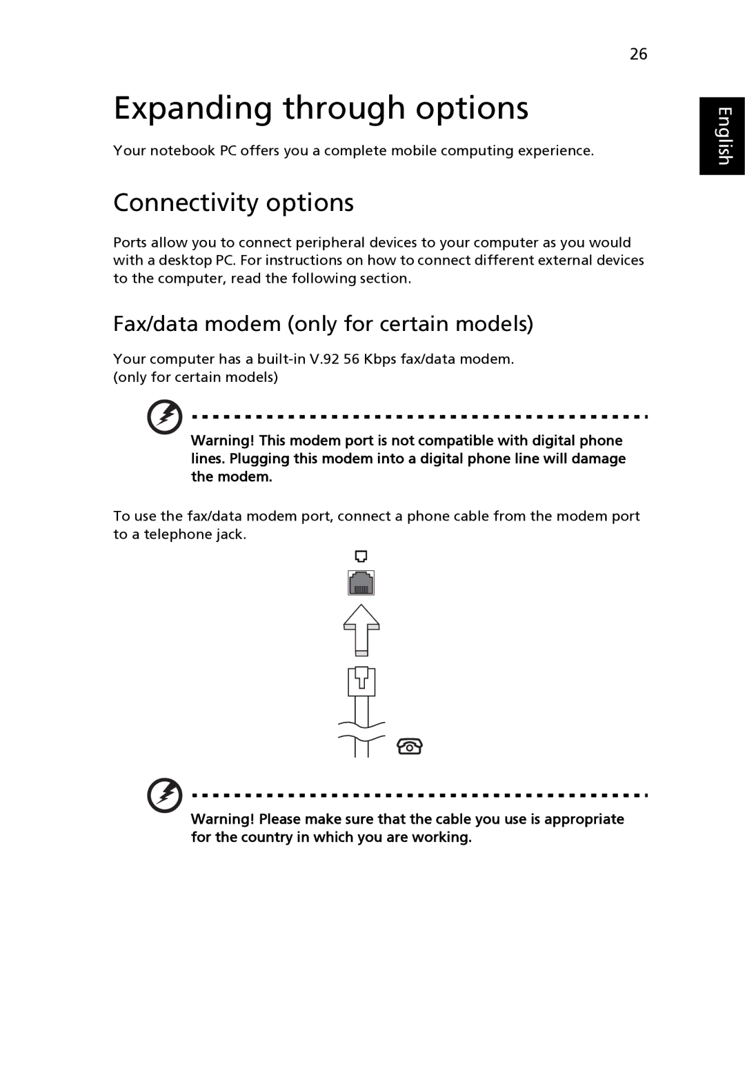 Acer 8471G manual Expanding through options, Connectivity options, Fax/data modem only for certain models 