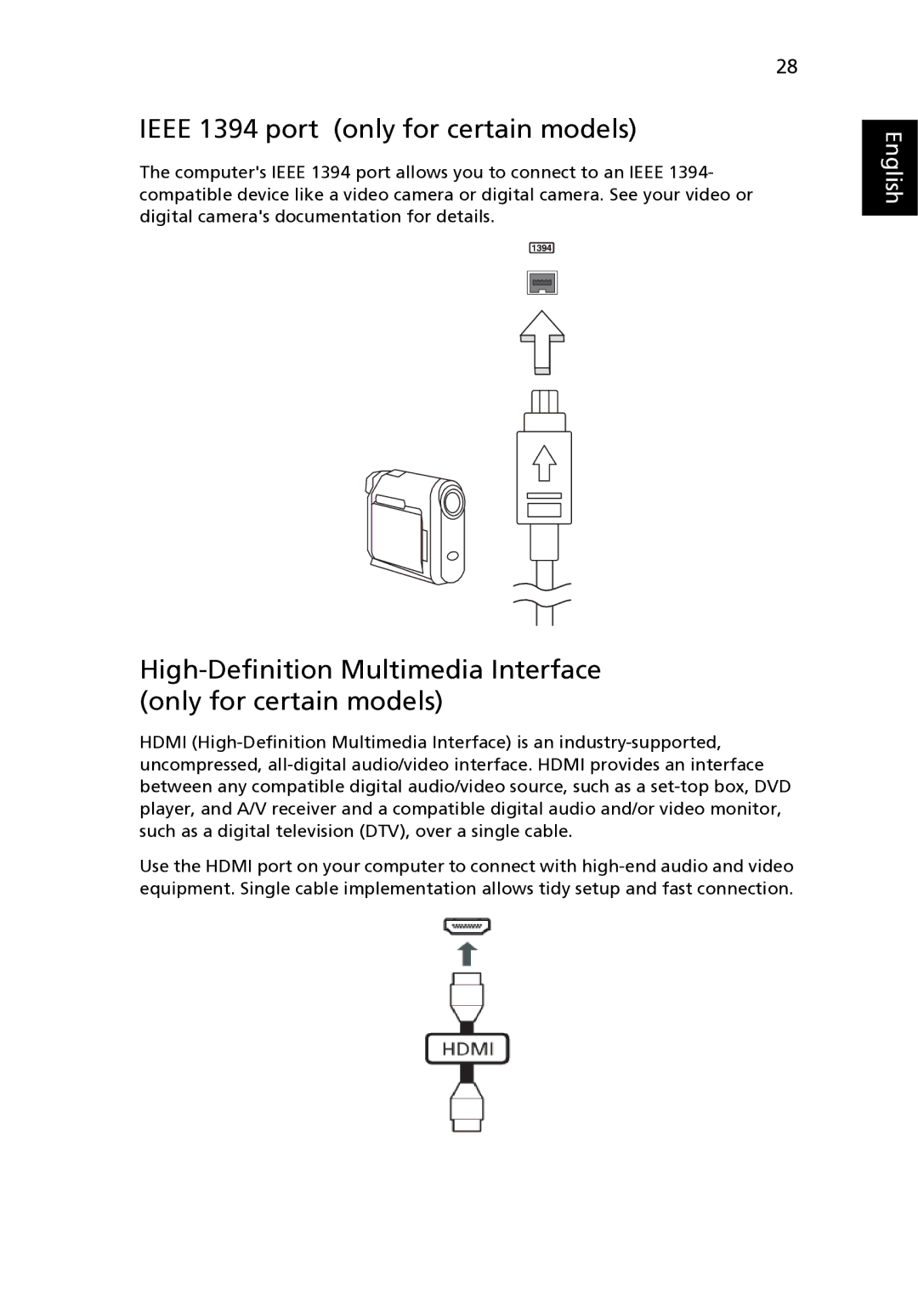 Acer 8471G manual Ieee 1394 port only for certain models, High-Definition Multimedia Interface only for certain models 