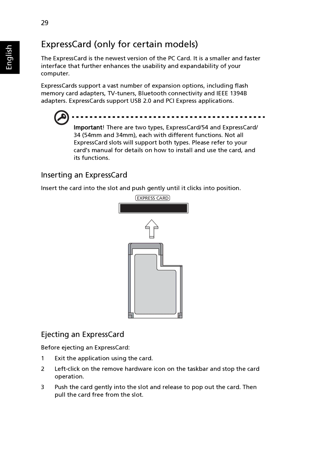 Acer 8471G manual ExpressCard only for certain models, Inserting an ExpressCard, Ejecting an ExpressCard 