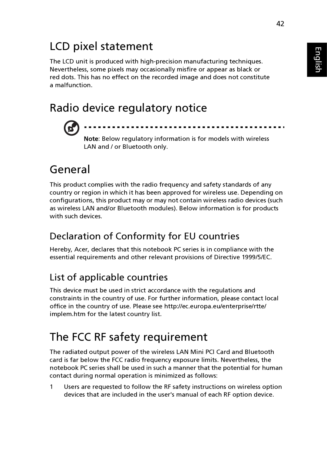 Acer 8471G manual LCD pixel statement, Radio device regulatory notice General, FCC RF safety requirement 