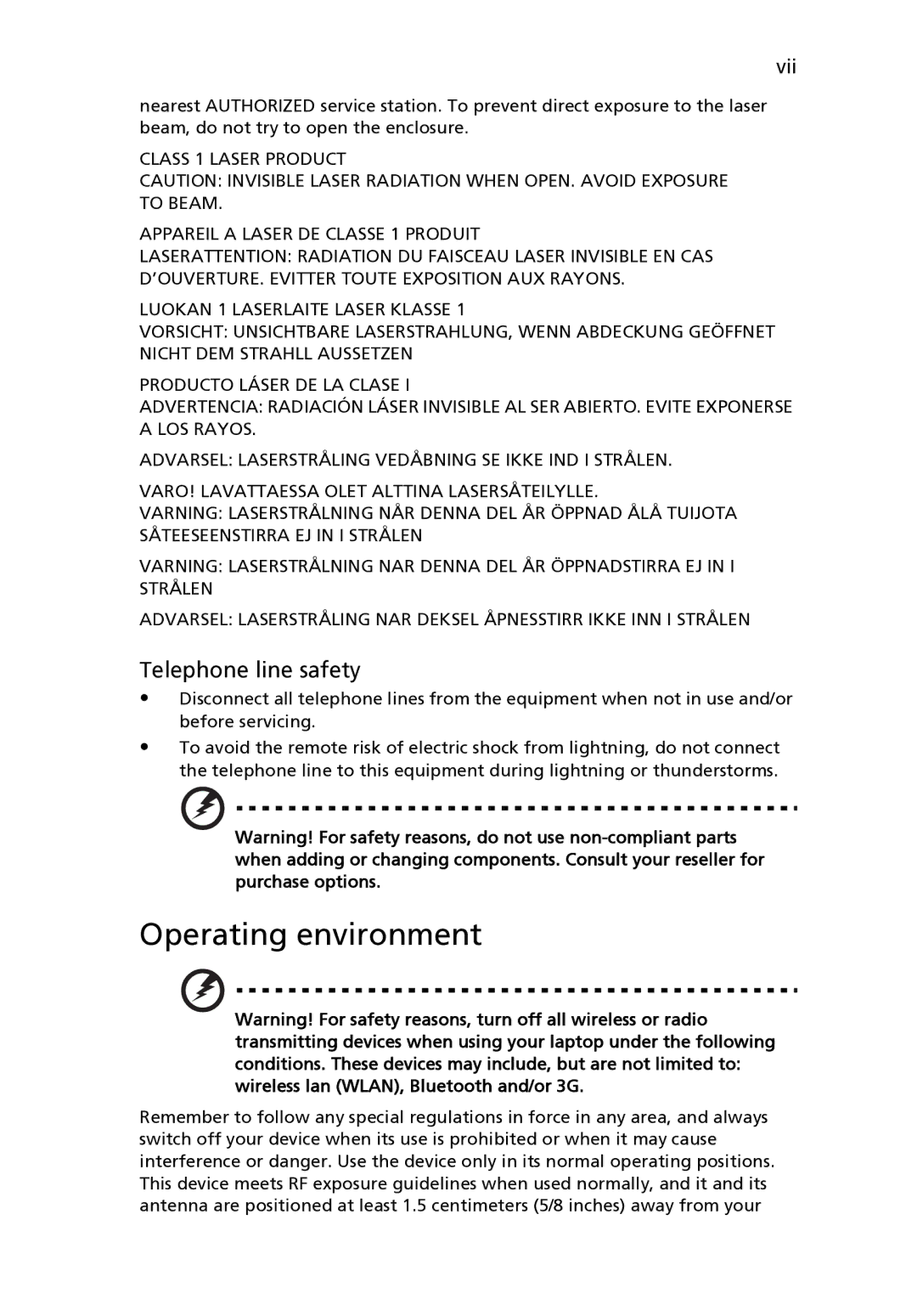 Acer 8471G manual Operating environment, Telephone line safety 