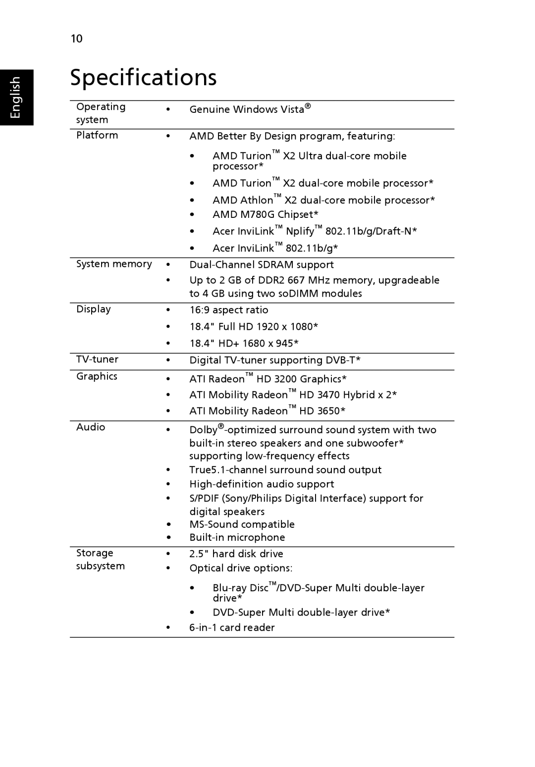 Acer 8530 Series manual Specifications 