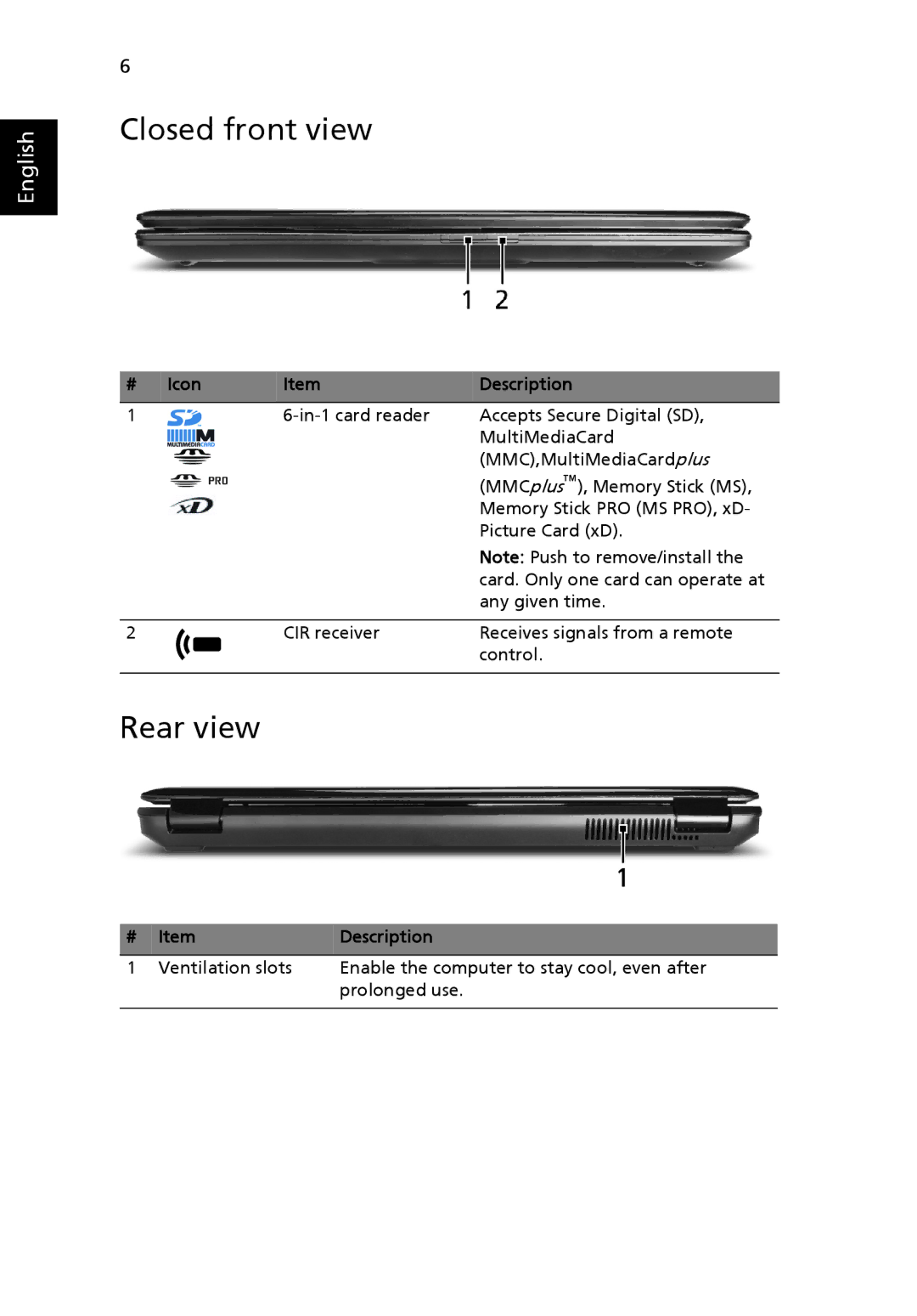 Acer 8530 Series manual Closed front view, Rear view 