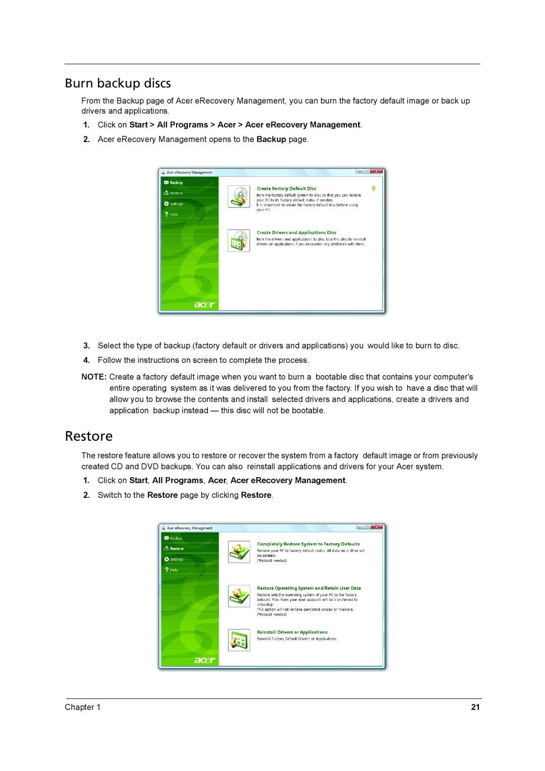 Acer 8531, 8571 manual Restore, Burn backup discs 