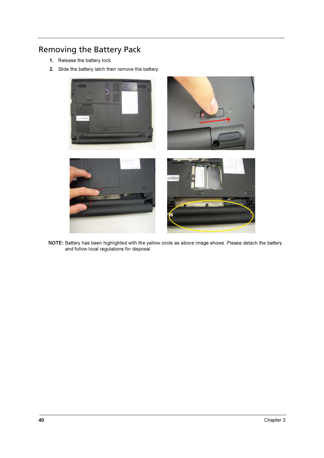 Acer 8571, 8531 manual Removing the Battery Pack 